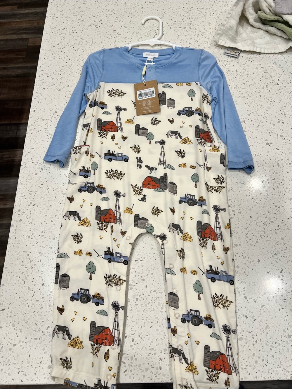 Angel Dear Blue and Cream Farm Print One-Piece